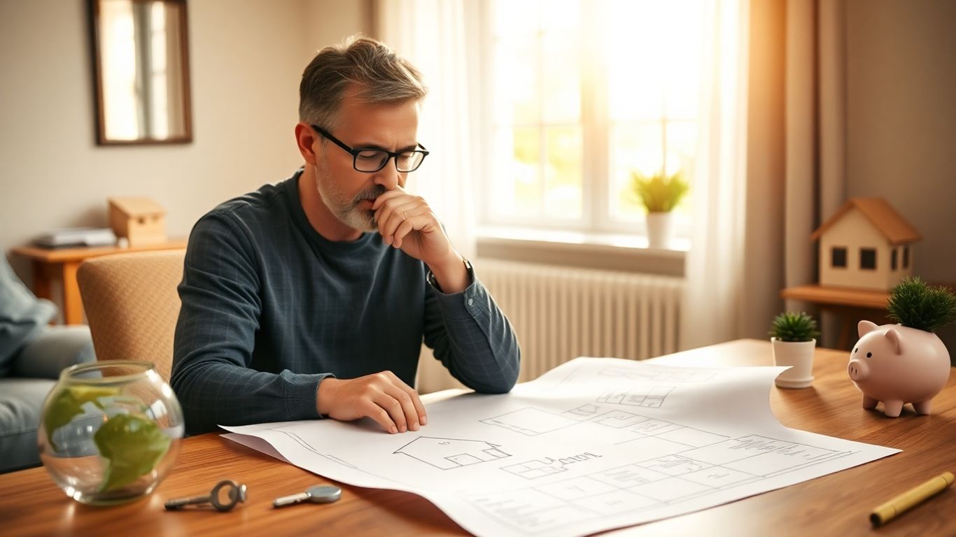 Persona revisando planos de casa con elementos de seguridad y finanzas.