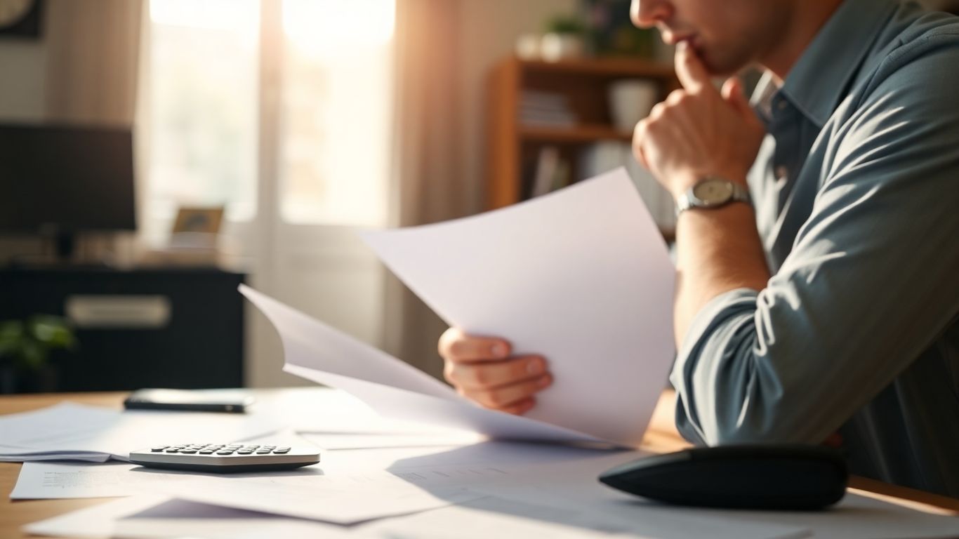 Pessoa a fazer declaração de impostos com papéis e calculadora.