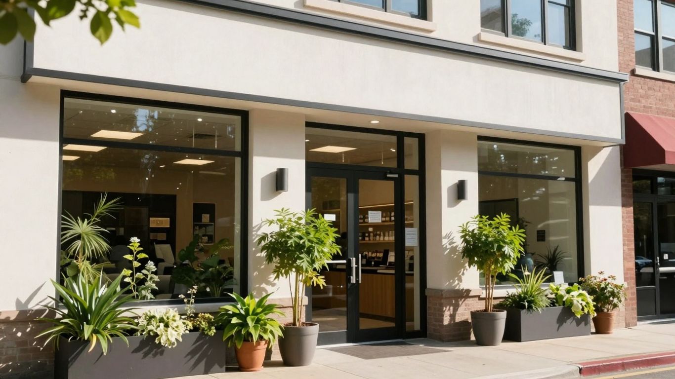 Modern dispensary exterior with plants and welcoming entrance.