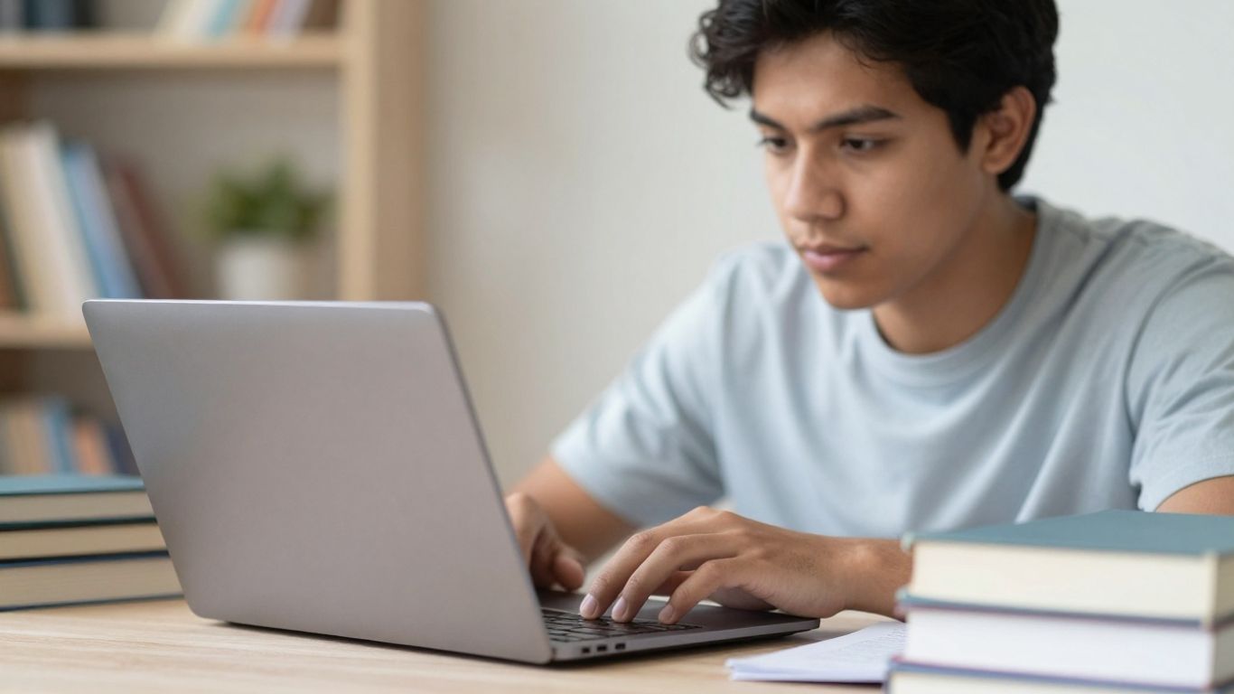 Student studying intently on a laptop with Anki open.