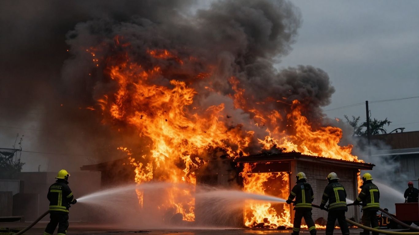 Building engulfed in flames with firefighters battling the blaze.