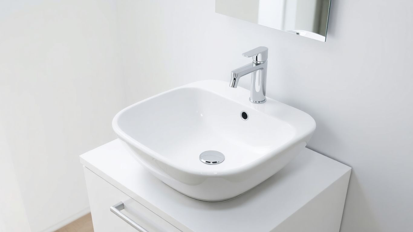 Modern bathroom with a white ceramic wash basin.