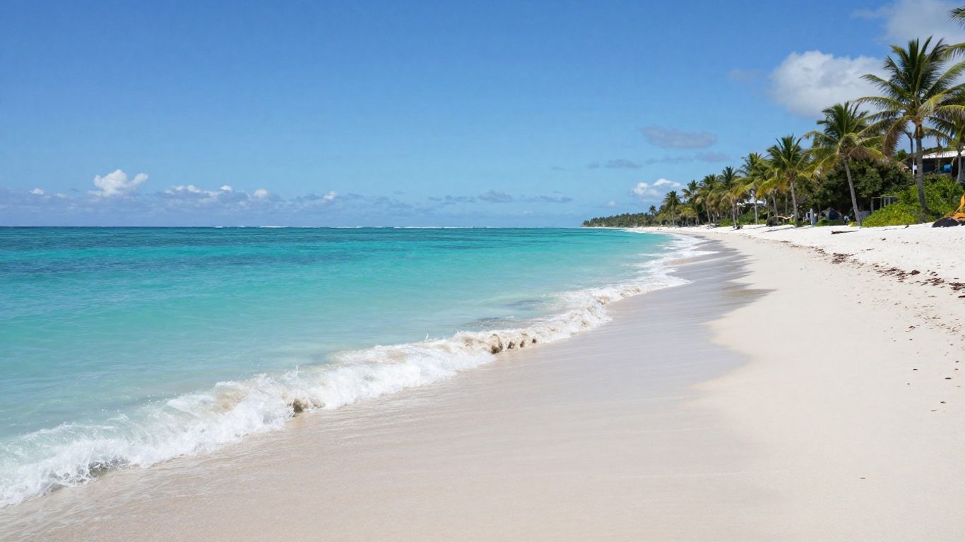 Sunny beach with clear water and palm trees.