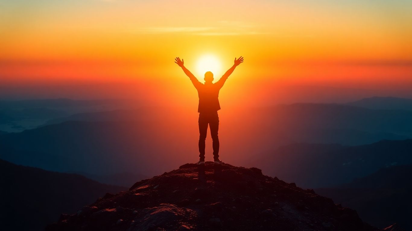 Person celebrating success on a mountaintop at sunrise.