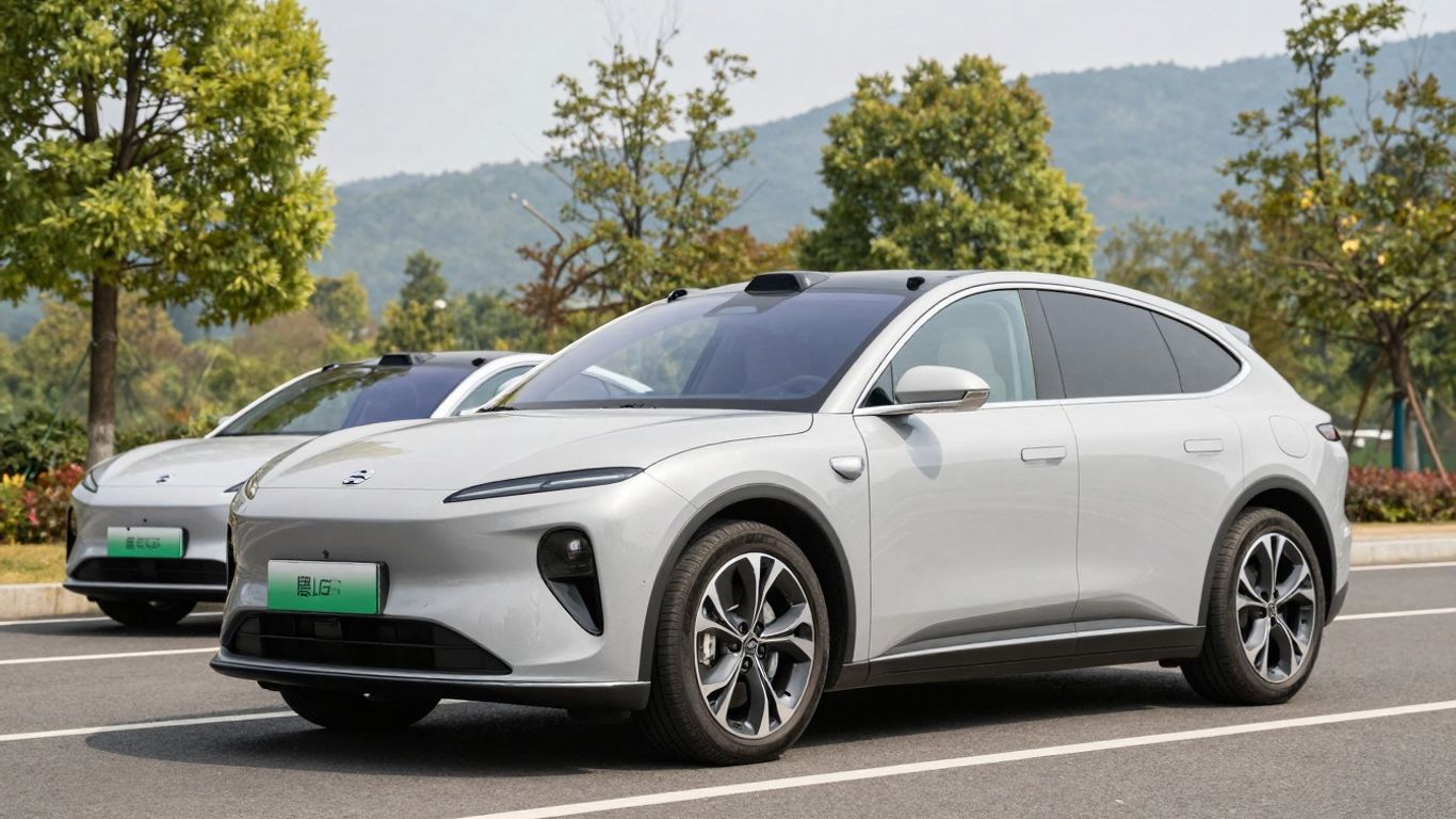 Modern electric SUVs parked on a scenic road.