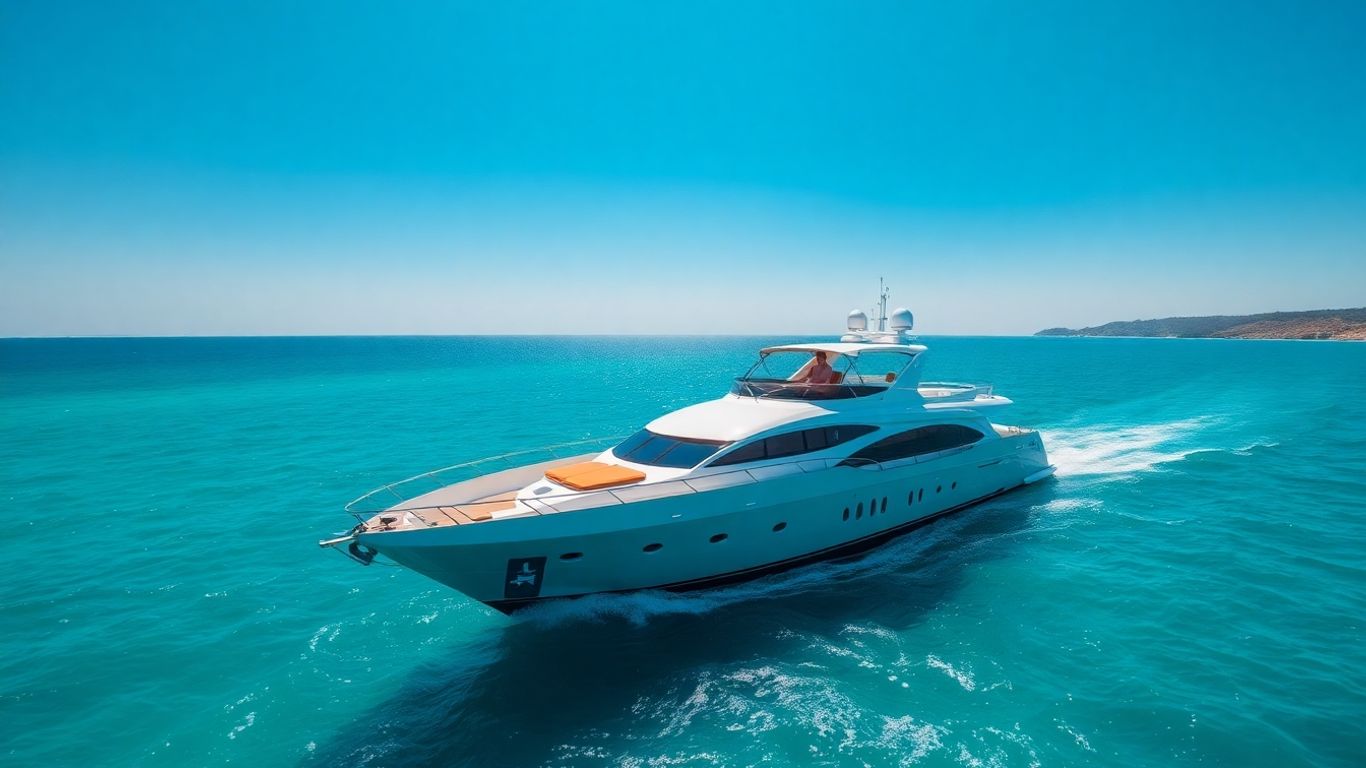 Luxury yacht sailing on clear Mediterranean waters near coast.