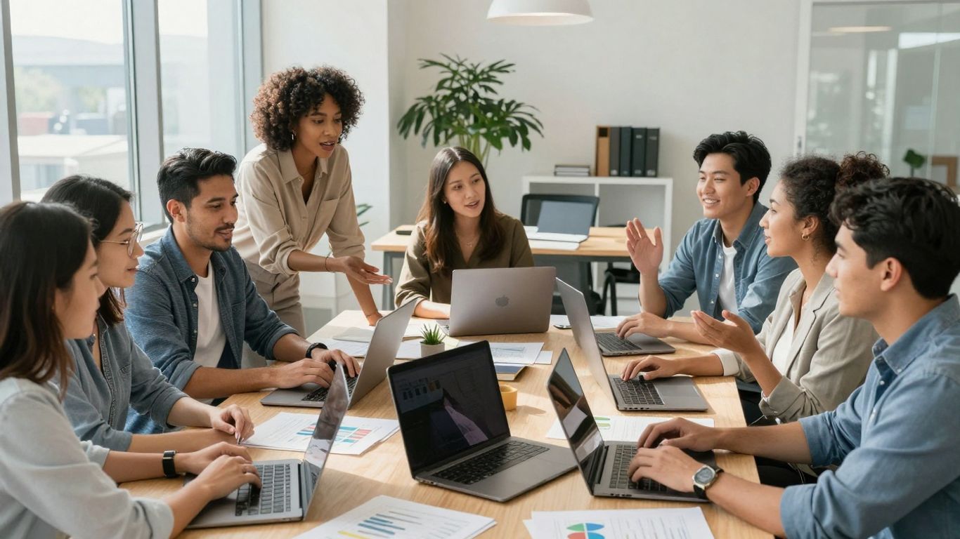 Team collaborating in a modern office for digital marketing growth.