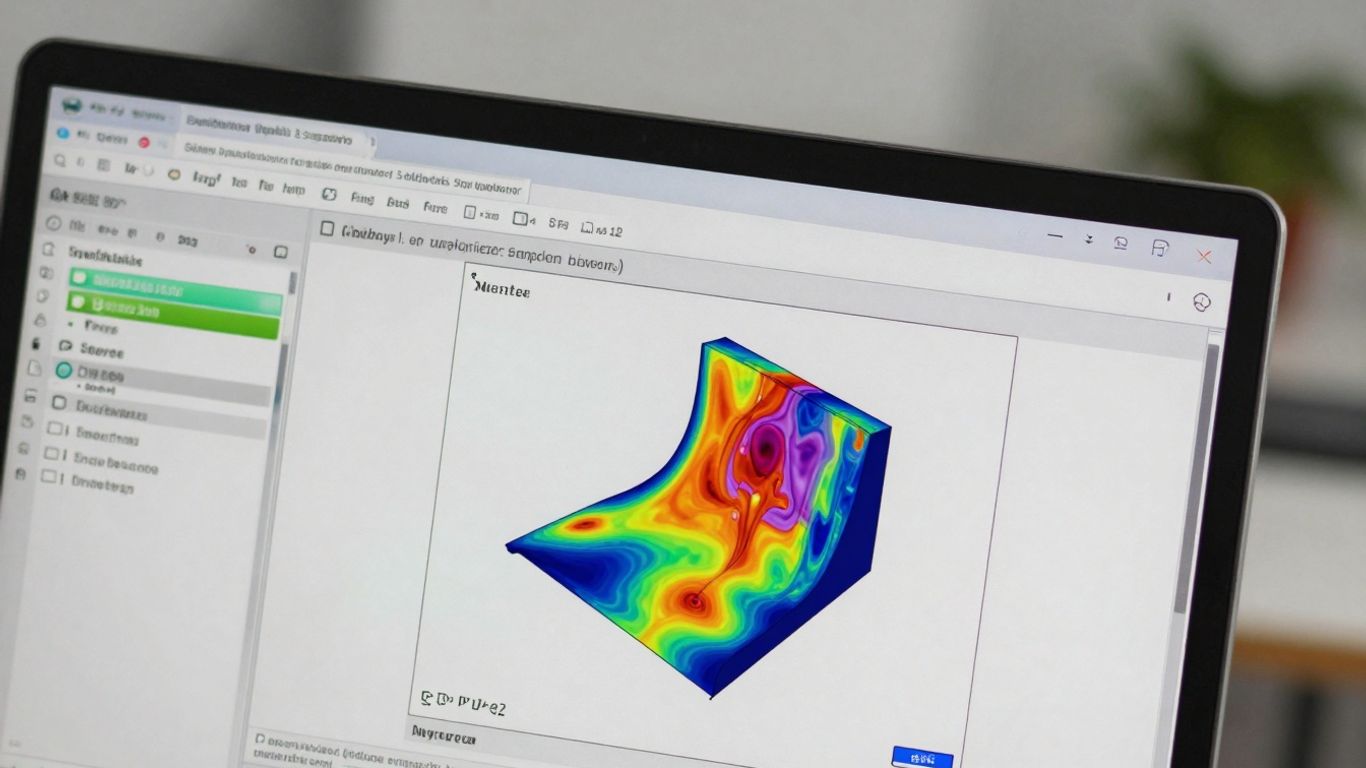 SolidWorks Simulation software interface with stress analysis.