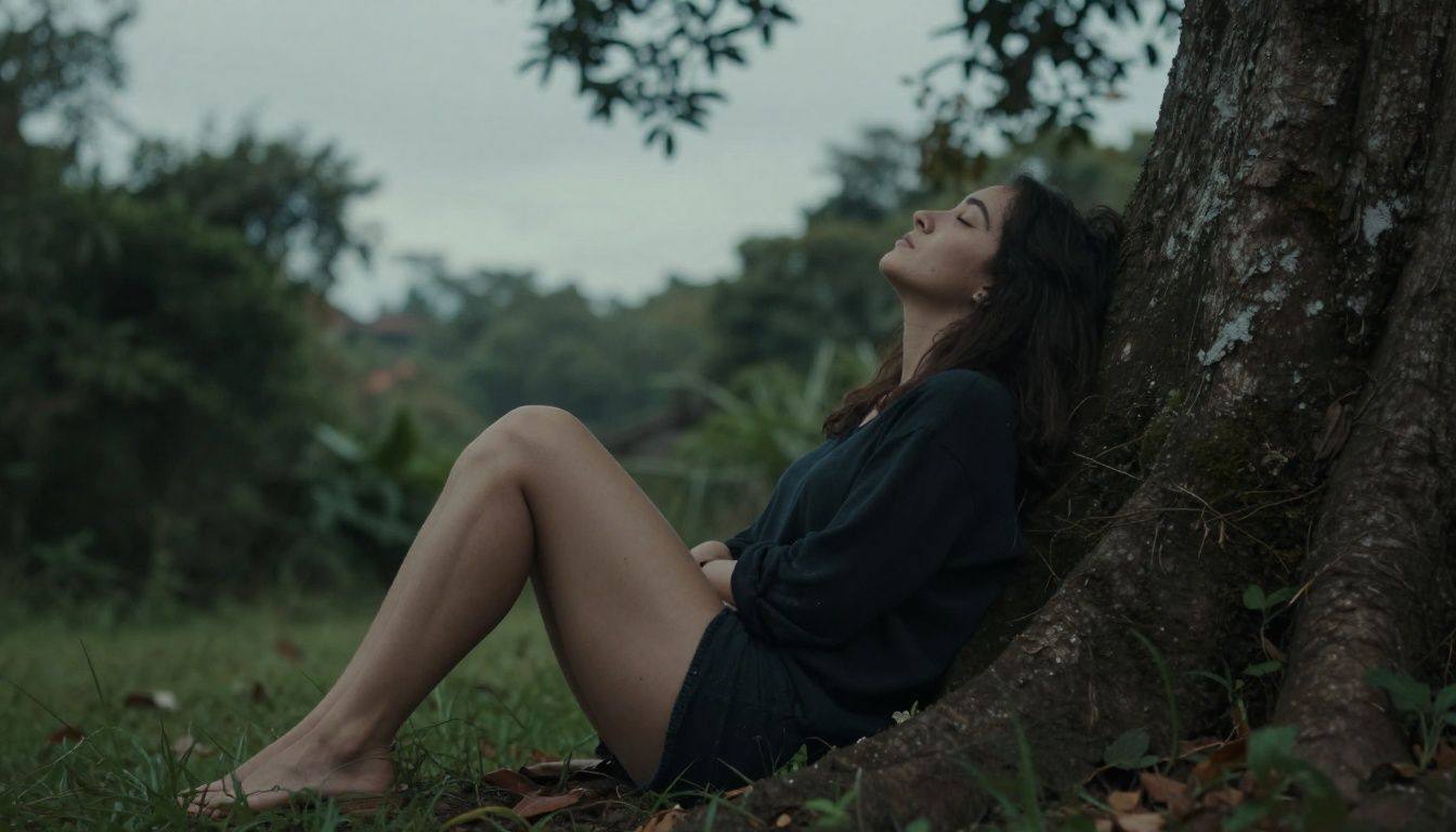 Pessoa relaxando em meio à natureza, representando equilíbrio mental
