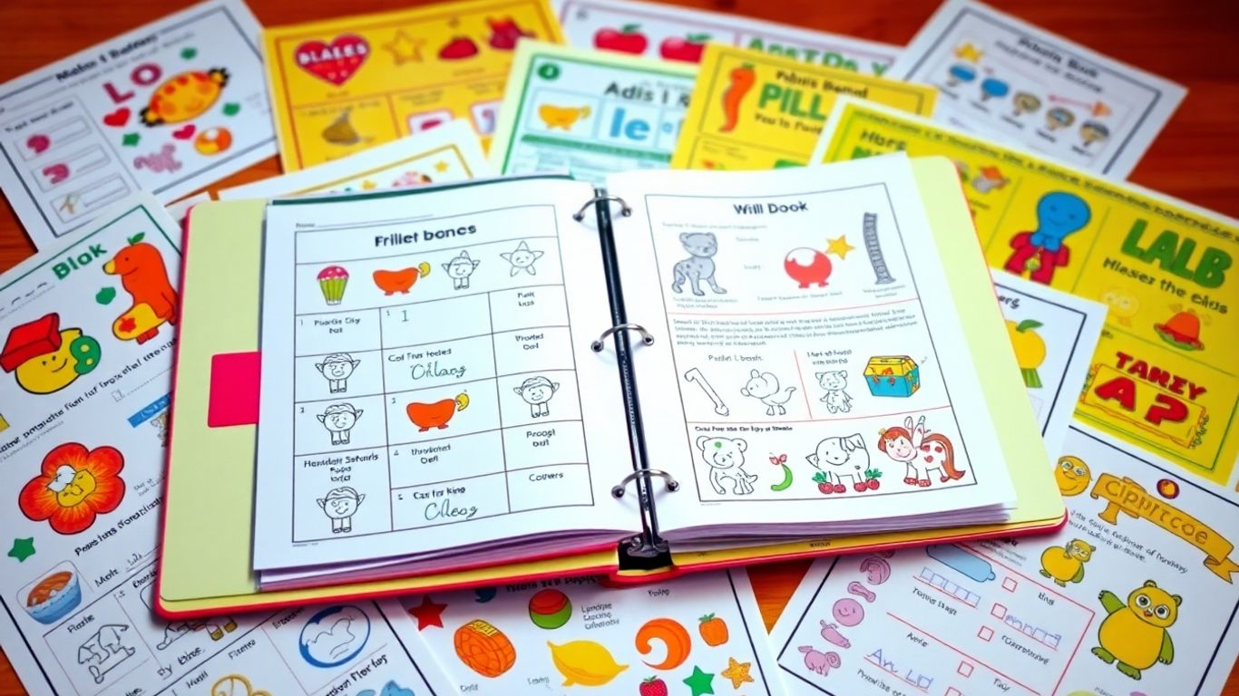 Preschool learning binder with colorful educational activities.