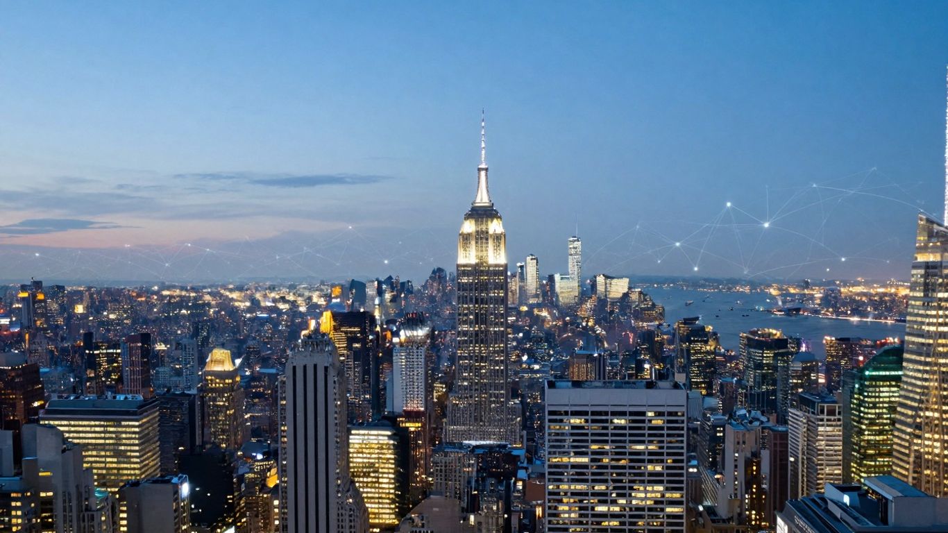 NYC skyline with digital network overlay