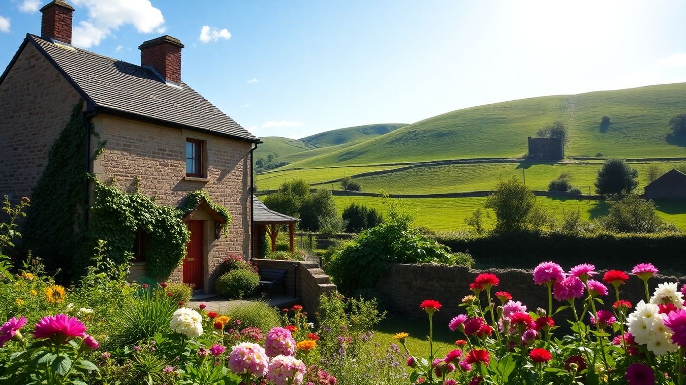 Charming English cottage in a green countryside setting.