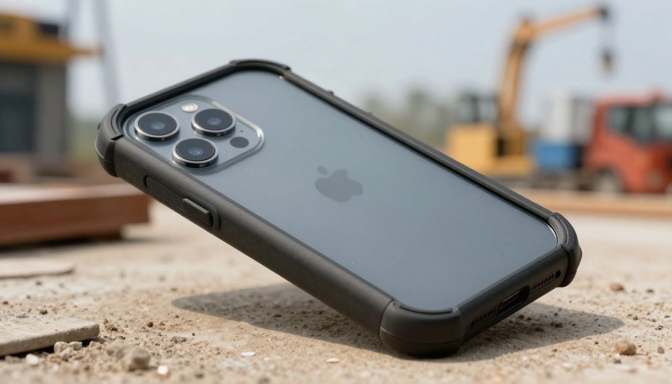 A rugged smartphone with a sturdy case shown outdoors on a worksite, no visible brands or logos