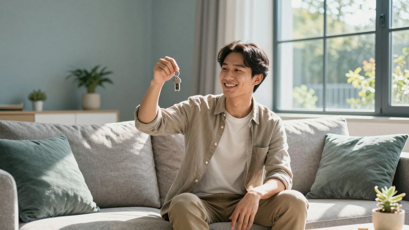 Persona sonriendo con llave de casa y hogar seguro.