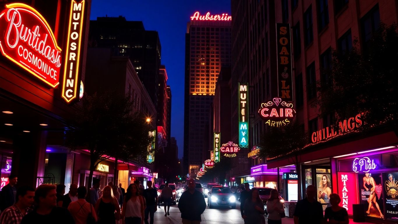 Downtown Austin street at night with neon lights.