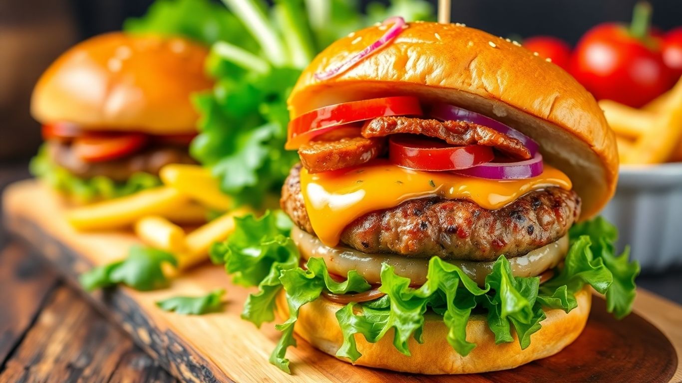 Gourmet burger with fresh ingredients on a wooden board.