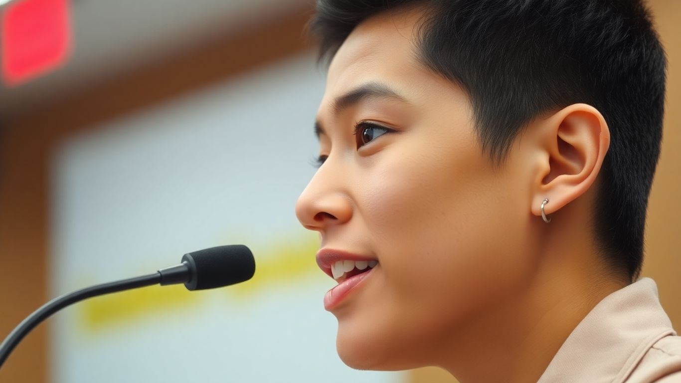 Person speaking confidently into a microphone for TOEFL