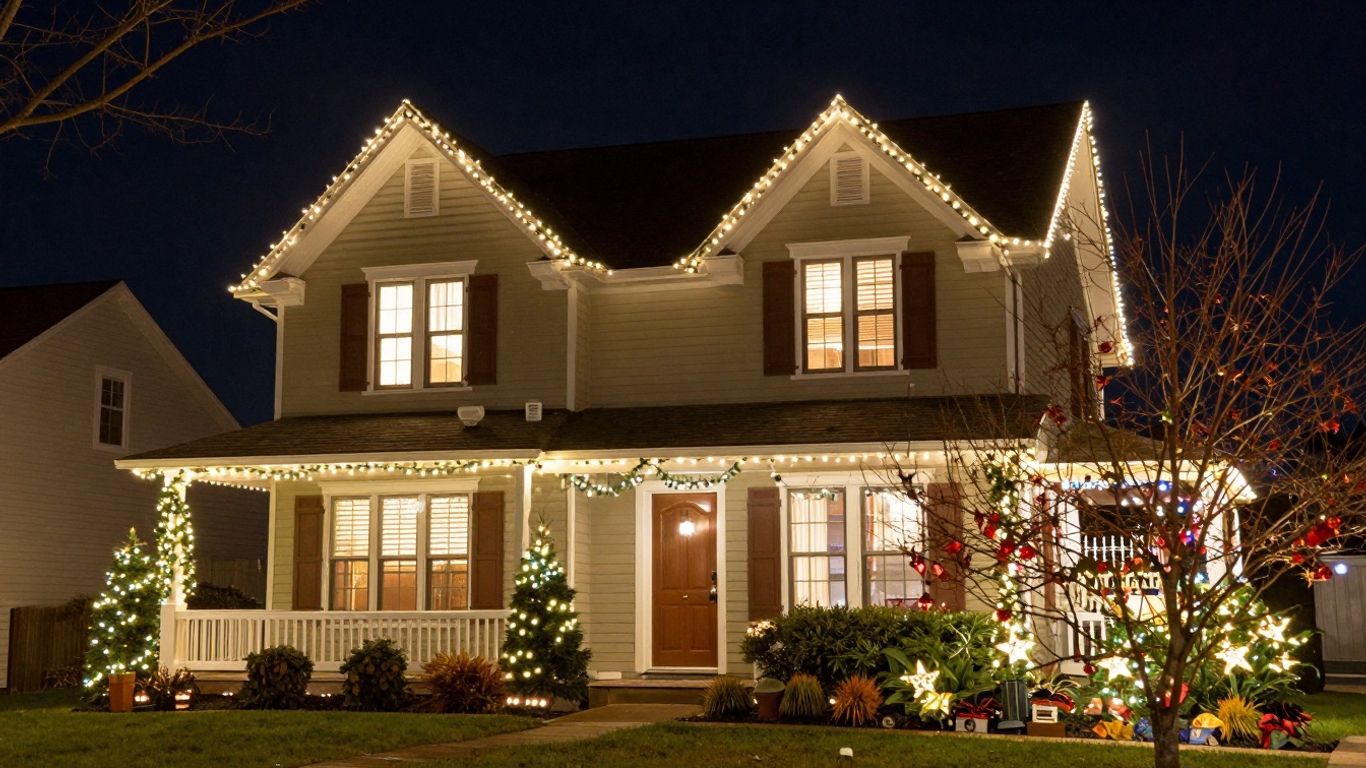 Festive Christmas lights illuminating a house at night.