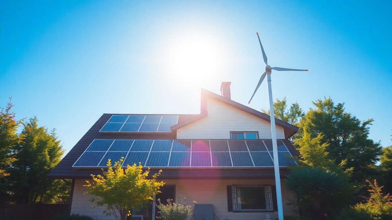 Casă cu panouri solare și turbină eoliană.