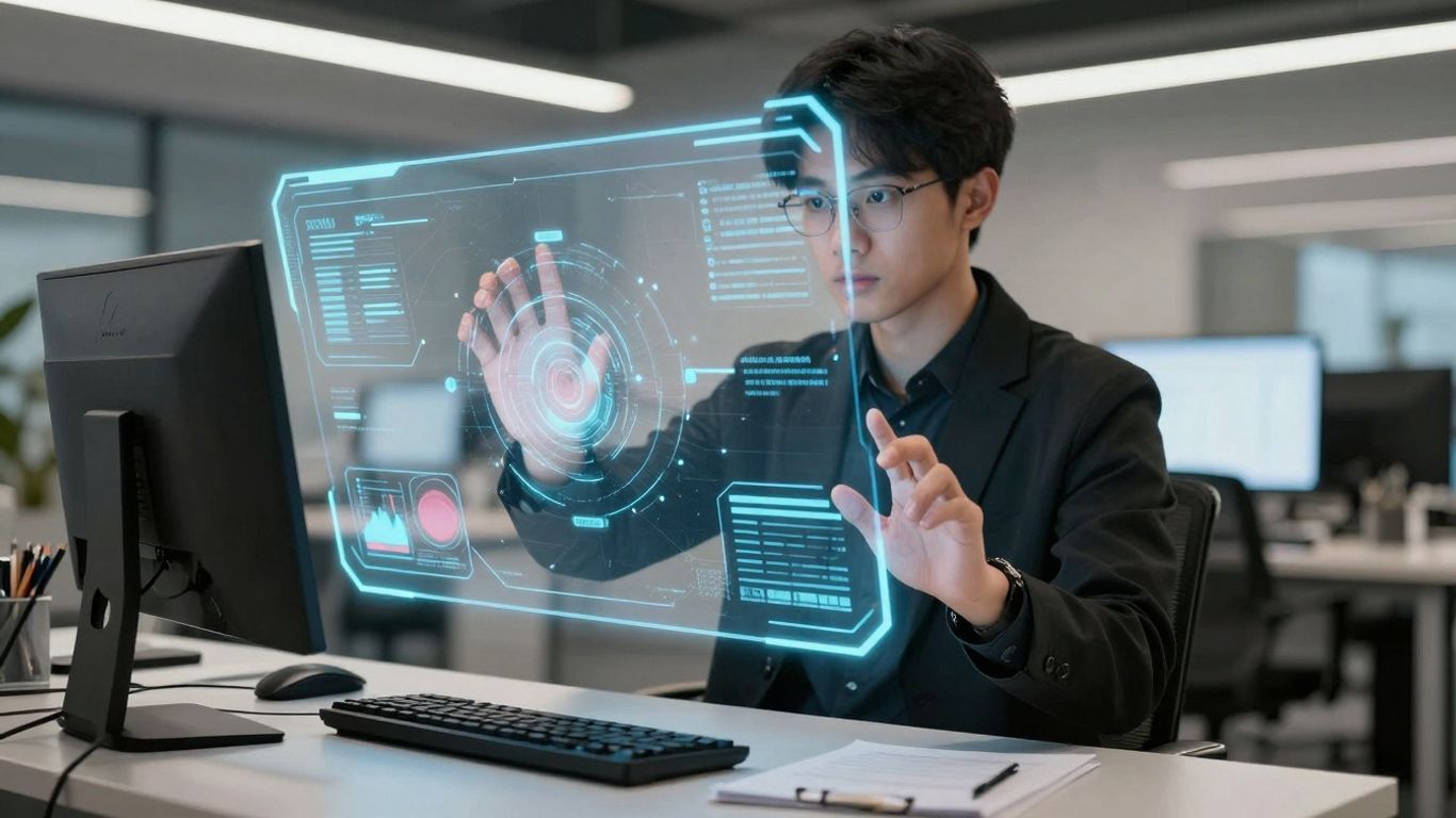 Human interacting with futuristic technology and digital interfaces.