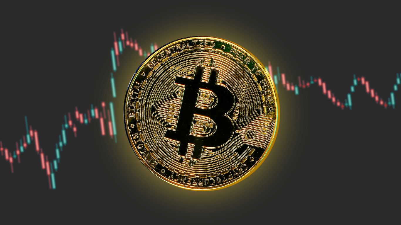 Bitcoin coin with price chart background, symbolizing cryptocurrency market.