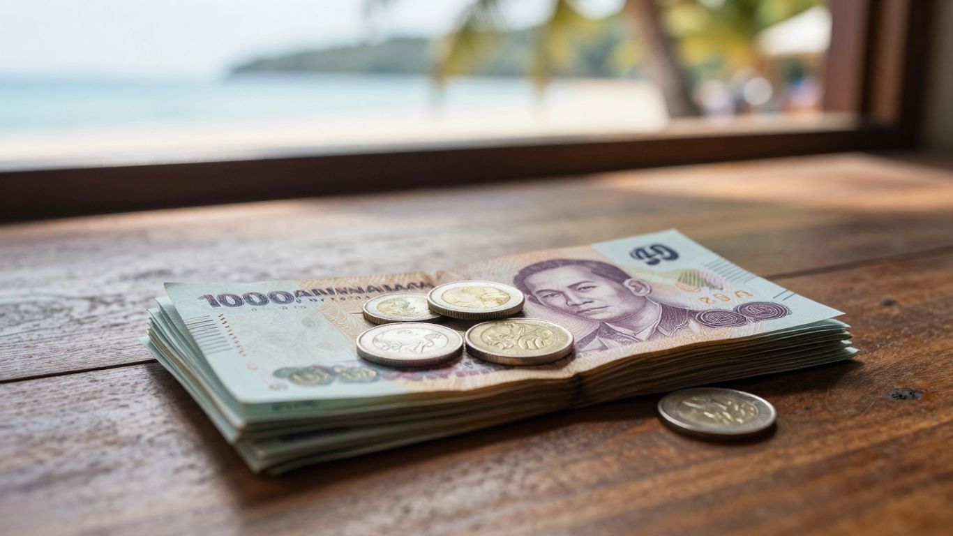 Thai Baht currency on a table, with tropical background.