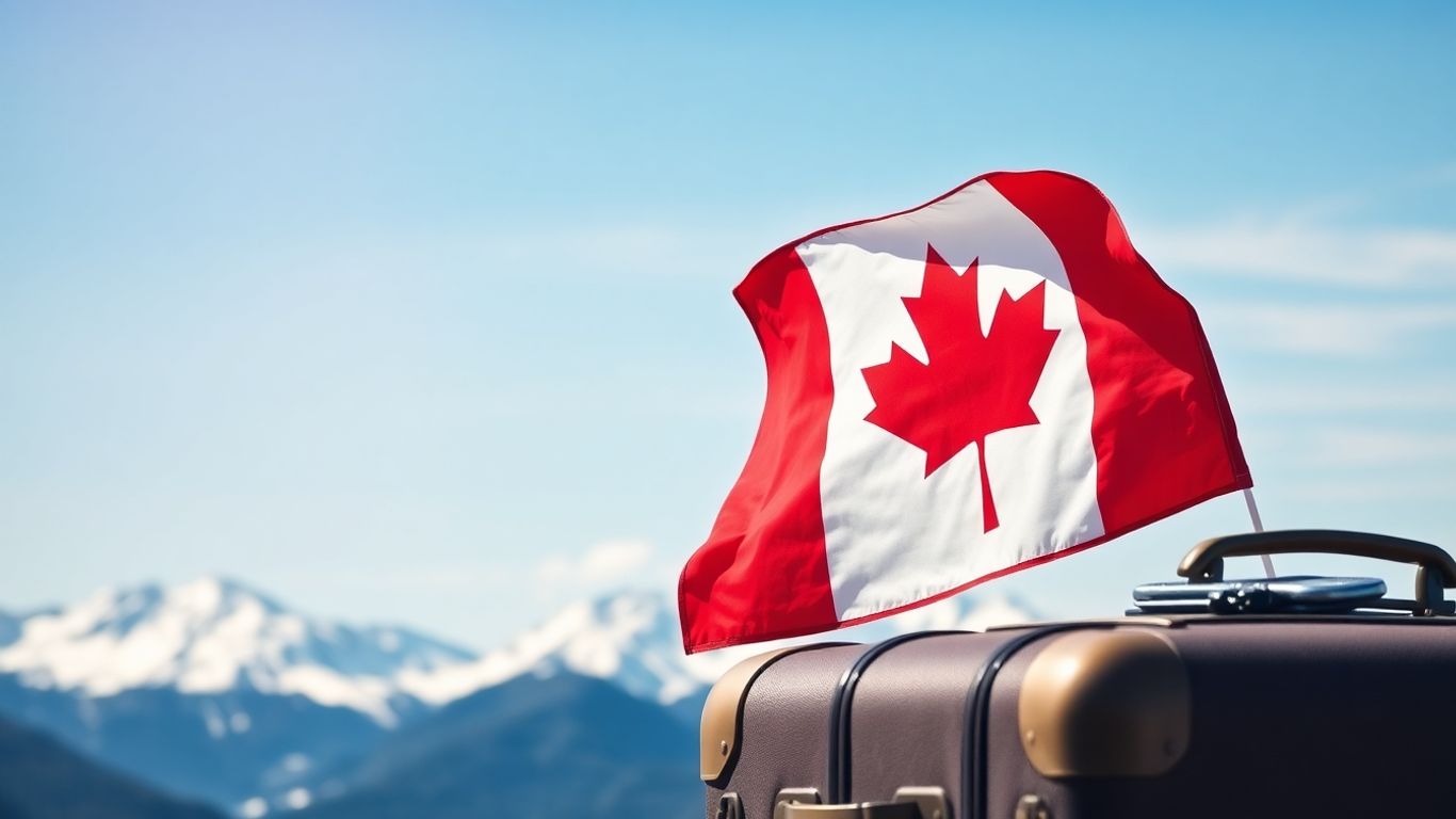 Kanadische Flagge mit Bergen und Koffer für Reiseversicherung