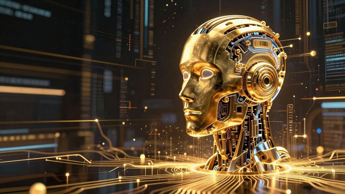 Agent Gold AI robot head with glowing circuits