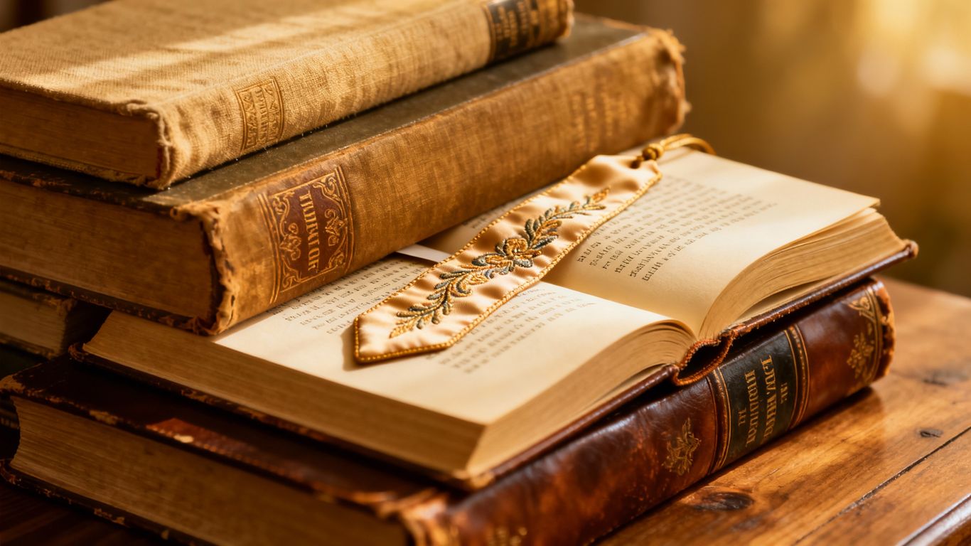 Stack of classic books with a bookmark.