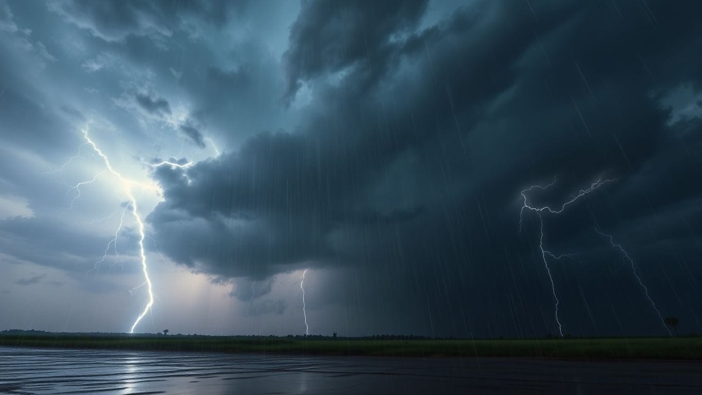 Ciel orageux avec pluie intense et éclairs.
