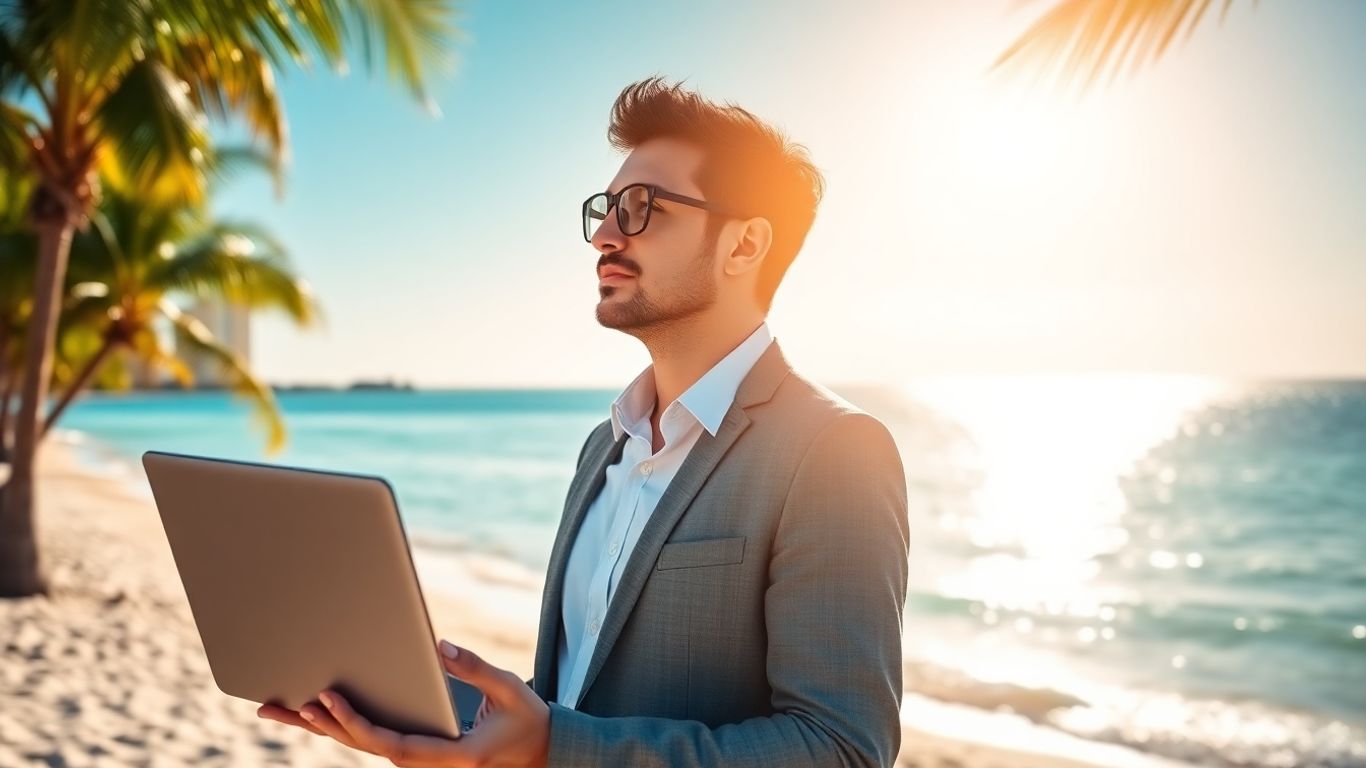 Person with laptop on Australian beach, high pay jobs