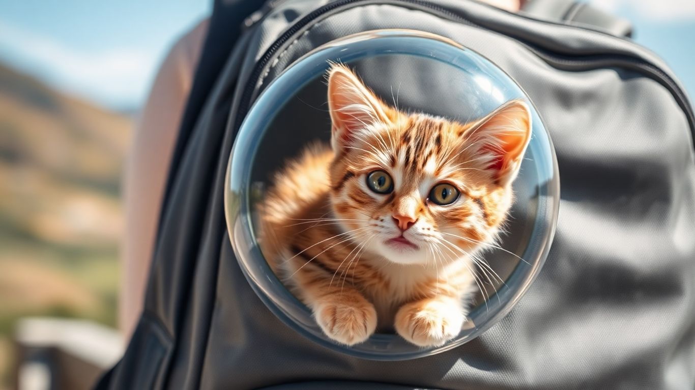 Cat in a backpack looking out window
