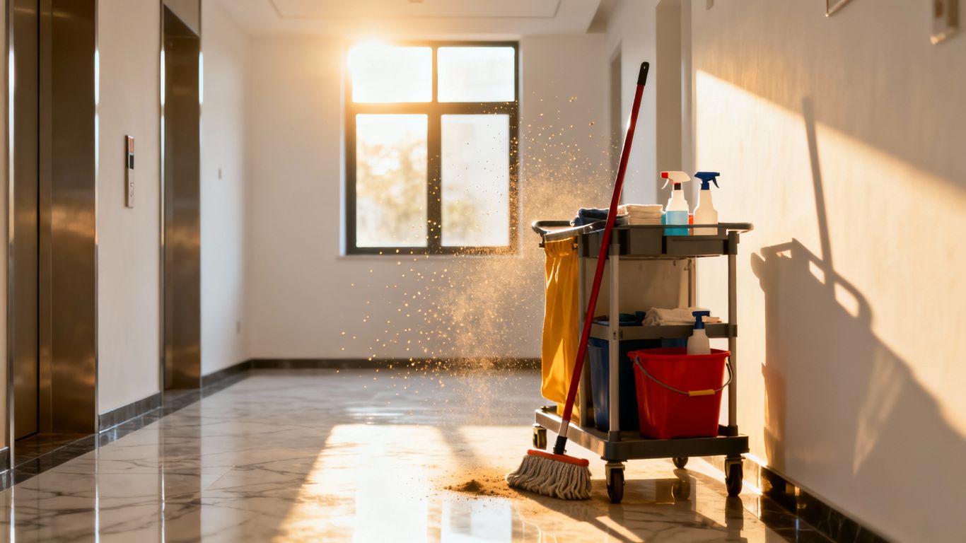 Profesionálne upratovanie bytového domu, čistá chodba.