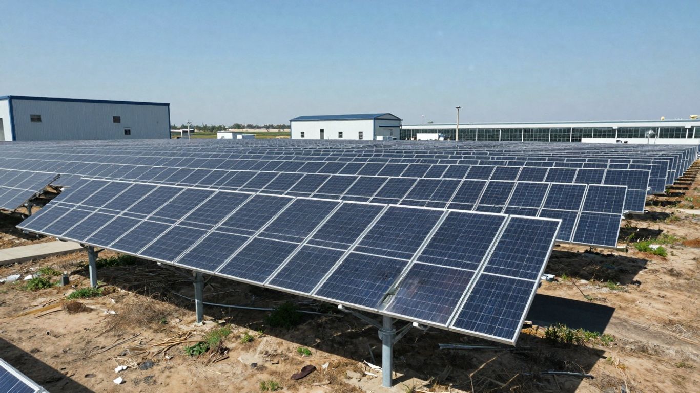 Solar panels covering a large industrial area.