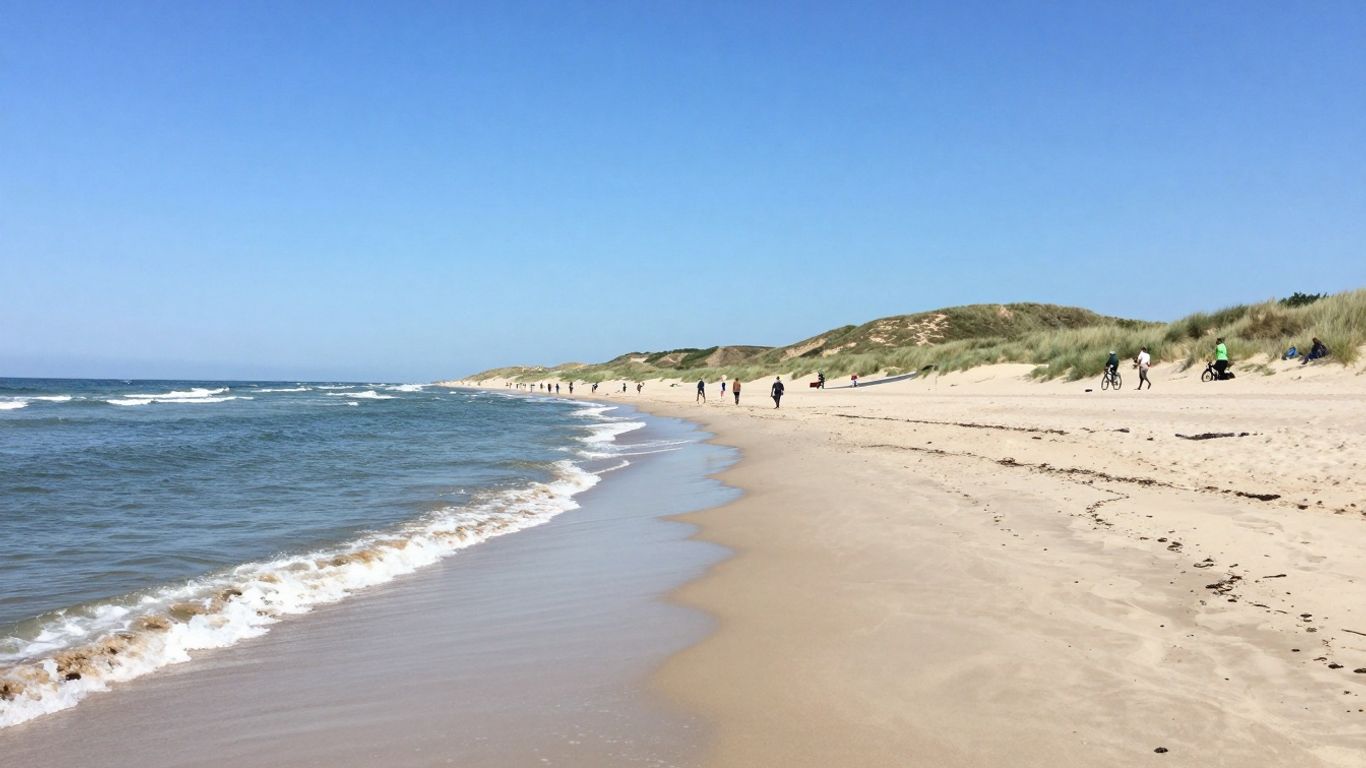 Zonovergoten strand met duinen en wandelpad langs de zee.