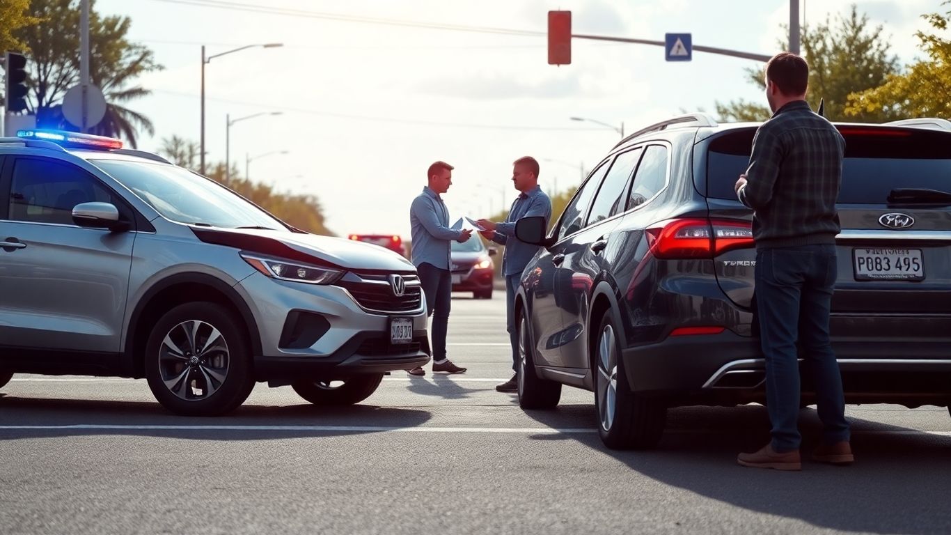 Two drivers exchanging information after minor car accident