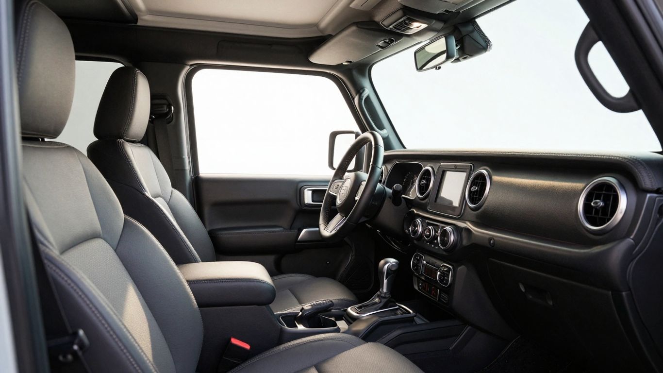 Clean Jeep interior with shiny dashboard and seats.