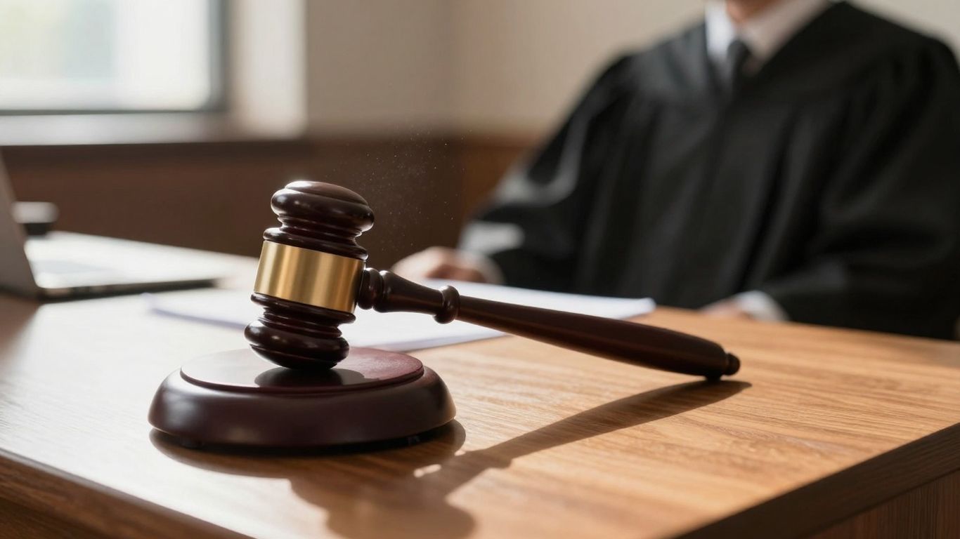 Gavel on a courtroom desk, end of trial.