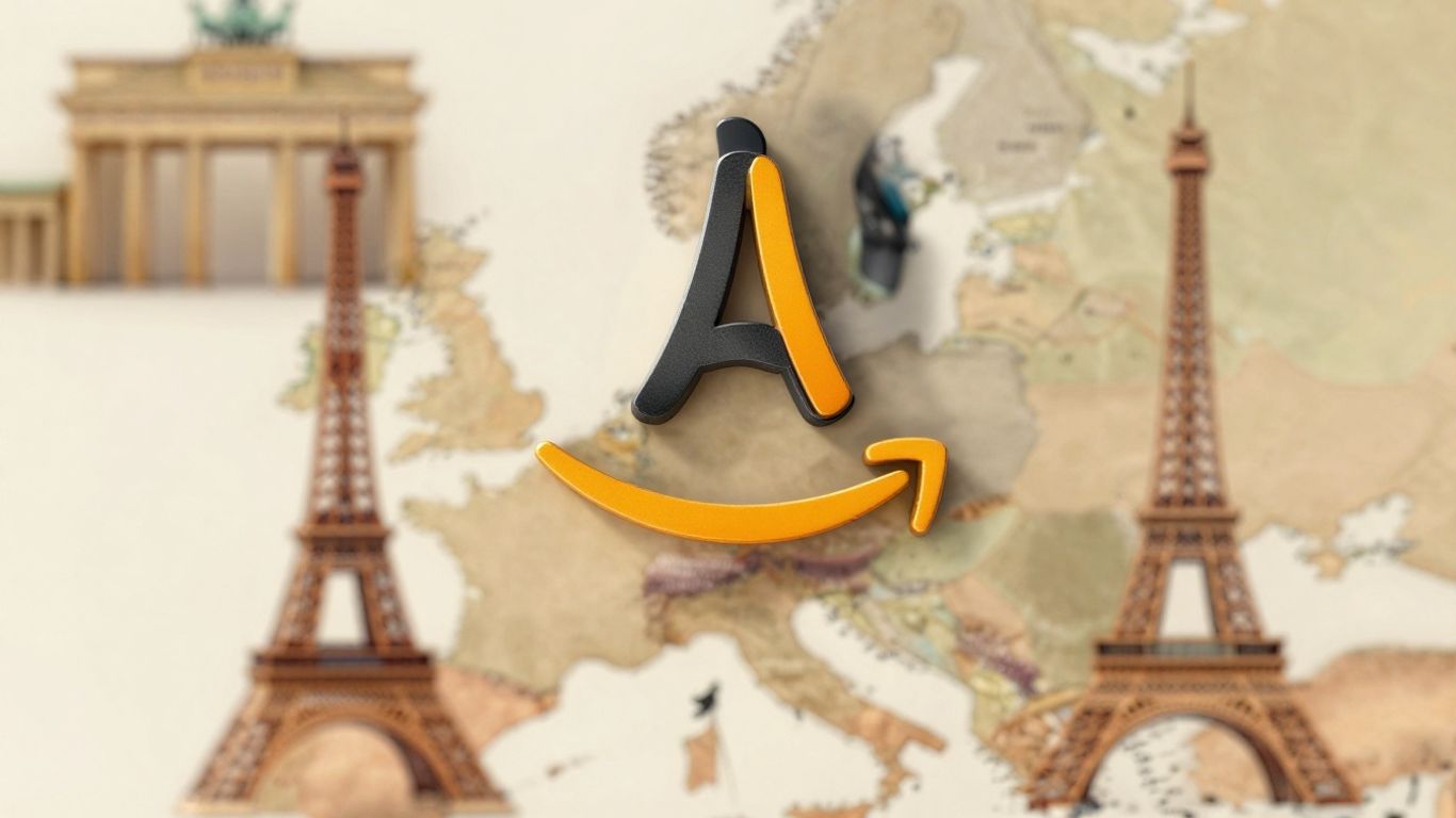 Amazon logo over a map of Europe with landmarks.