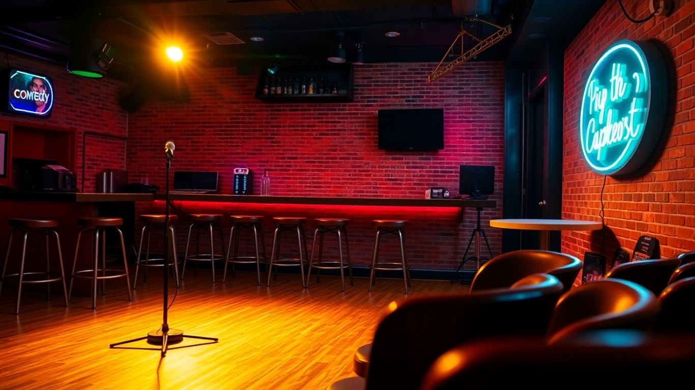 Empty comedy club stage with microphone and neon lights