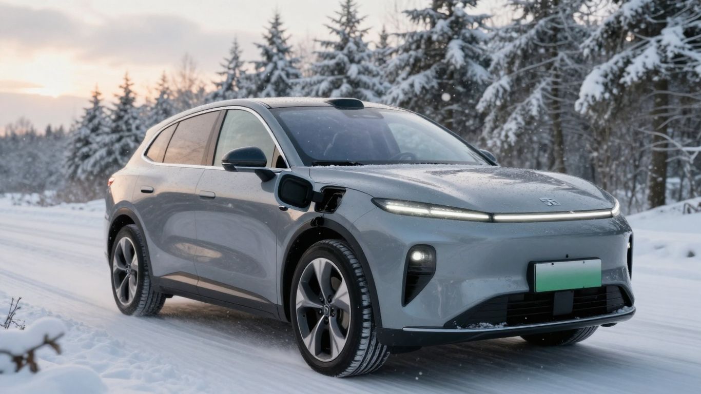 Electric car driving through snowy landscape in winter.