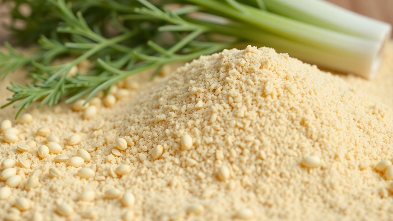 Fennel powder and whole seeds with fresh fennel sprig.