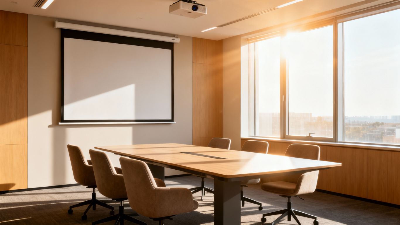 Modern meeting room with table and chairs.