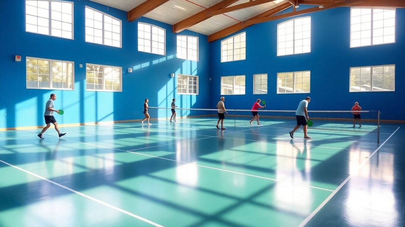 Indoor pickleball court with players in action.