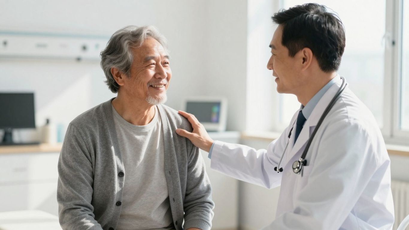 Medic examinând un pacient în vârstă zâmbitor.