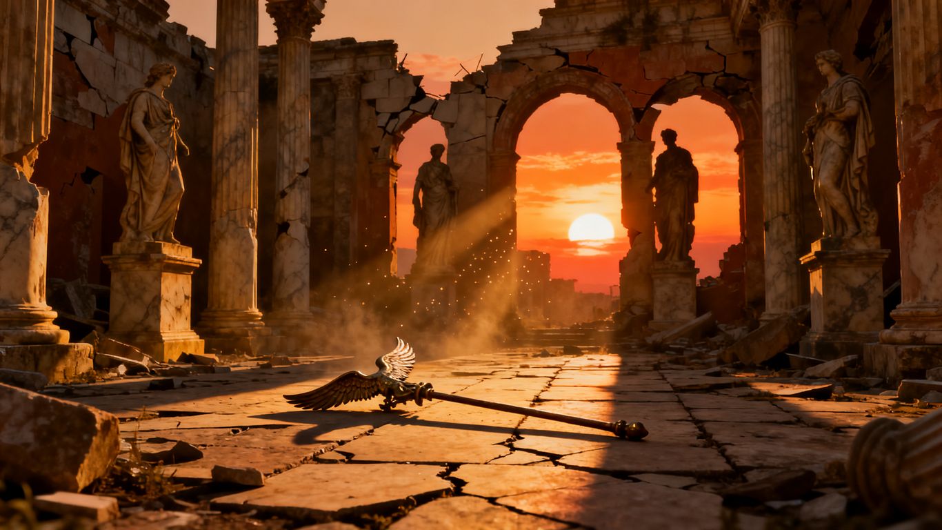 Ancient Roman ruins at sunset, eagle standard on ground.