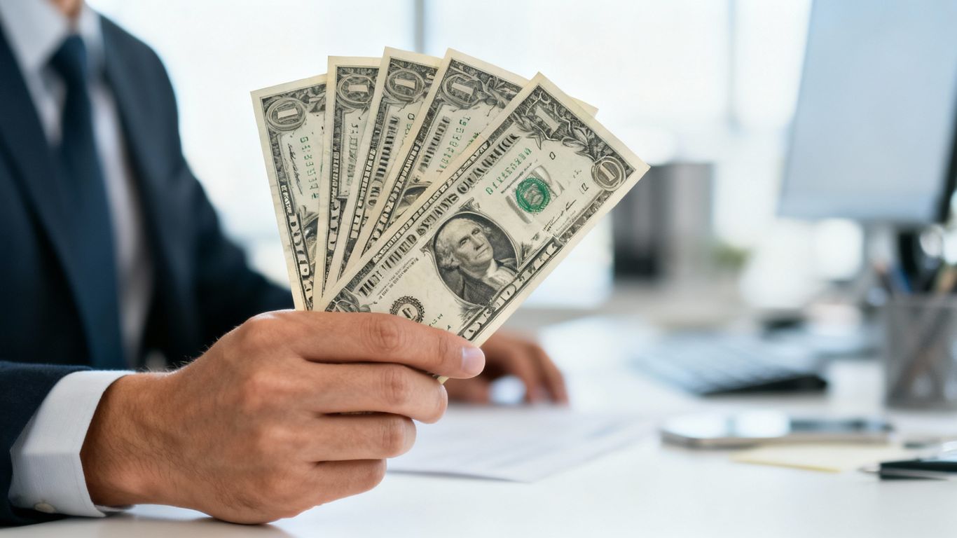 Dollar bills and a calculator on a desk.