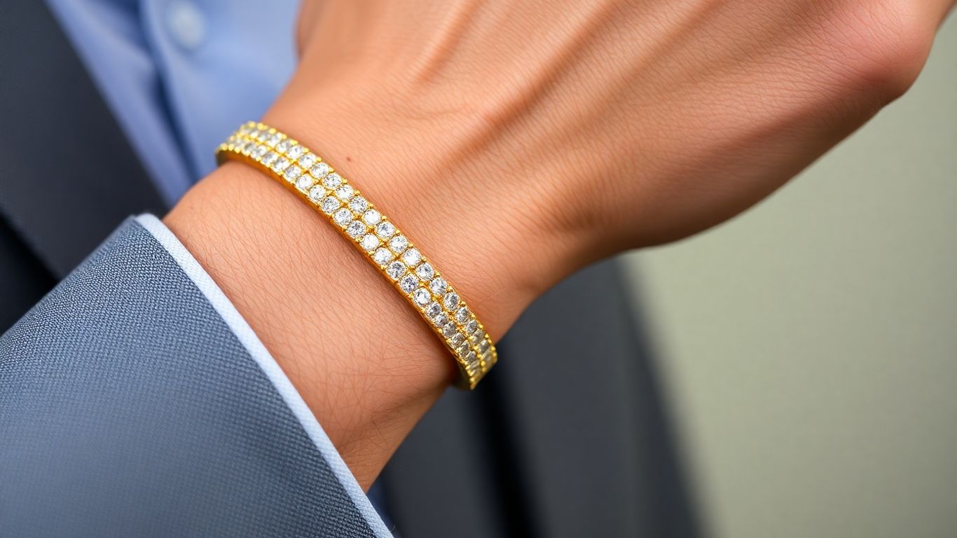 Man's wrist with a diamond tennis bracelet.