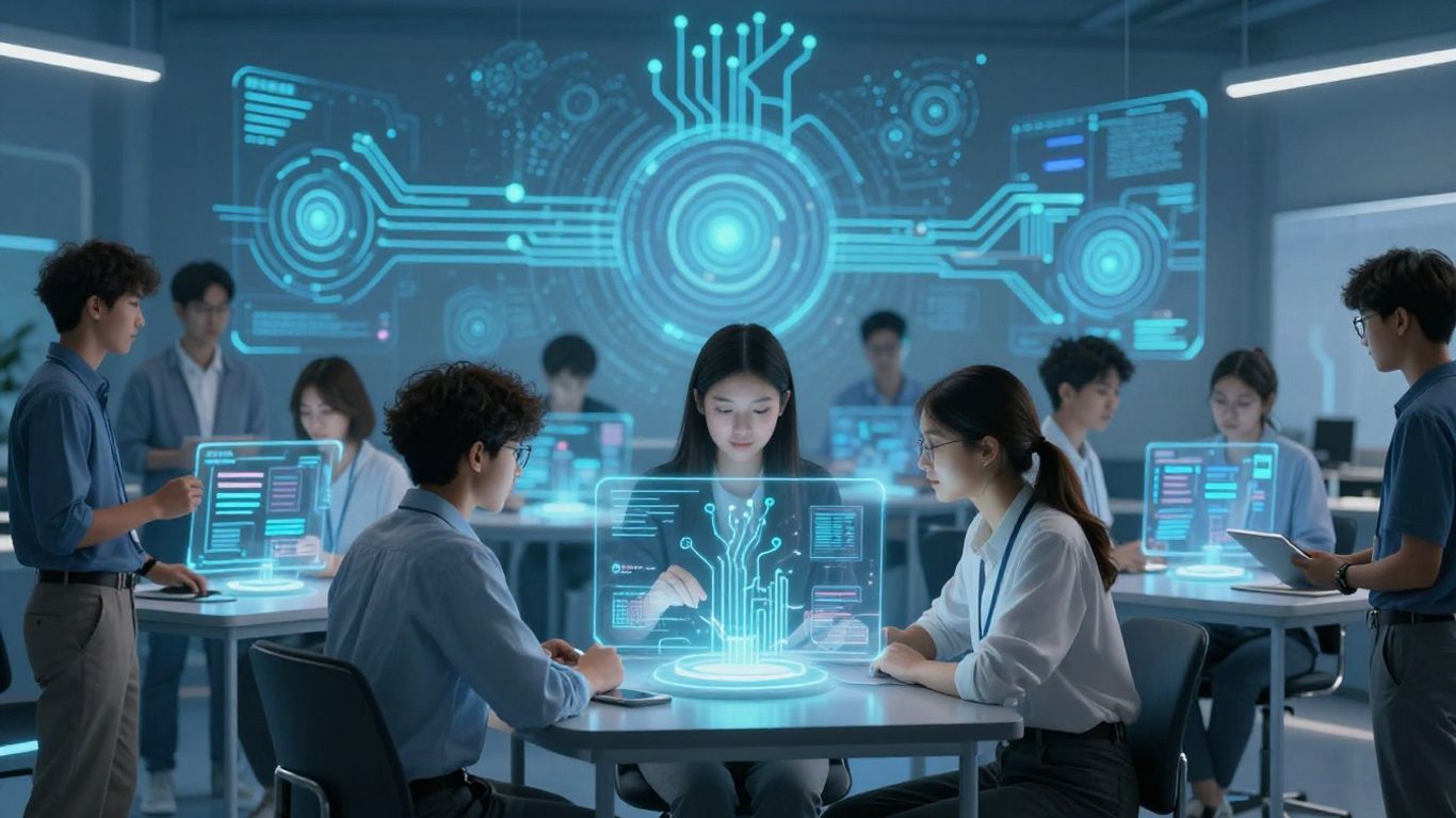Students and educators using AI in a futuristic classroom.