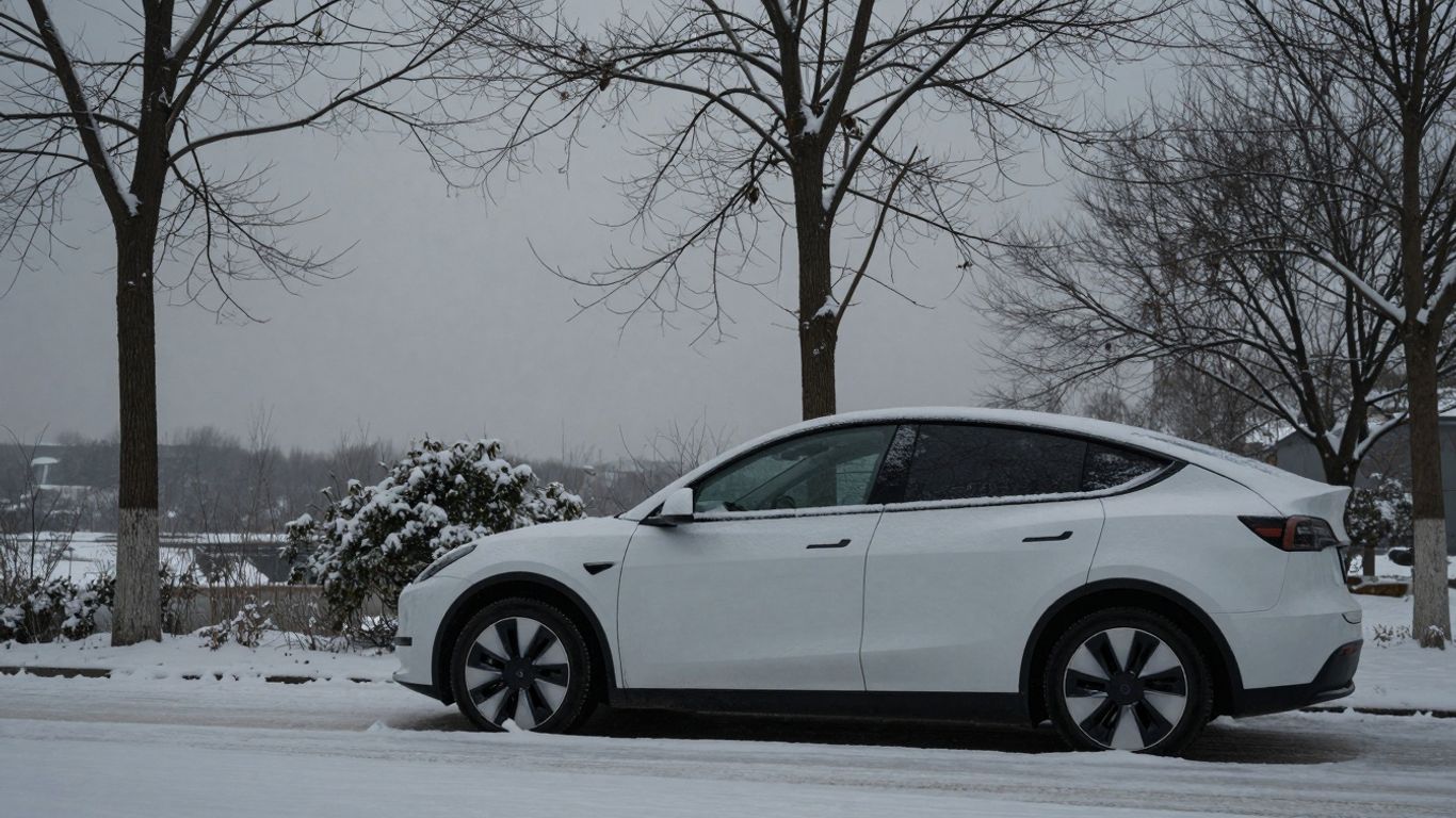 Electric car in a snowy, desolate landscape.